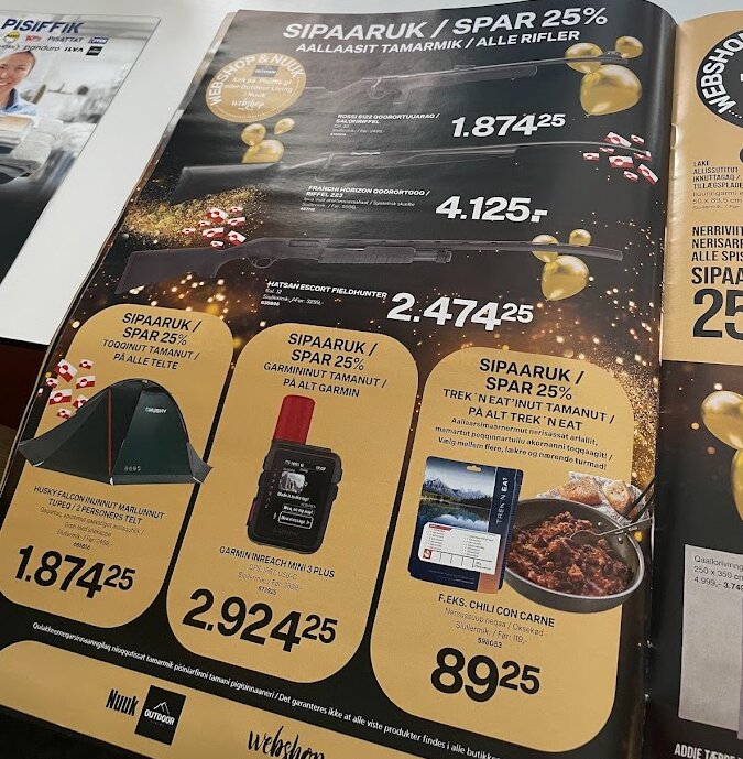 Side fra Pisiffiks tilbudsavis med 25 % på alle rifler, telte og Garmin-udstyr.