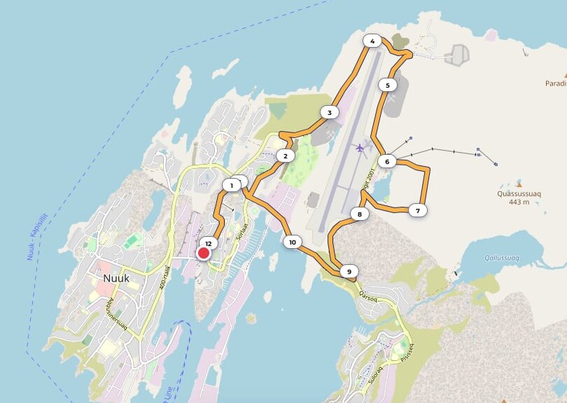 Kort over løberuten gennem Nuuk og hele vejen rundt om lufthavnen op forbi Quassussuaq (Lille Malene).